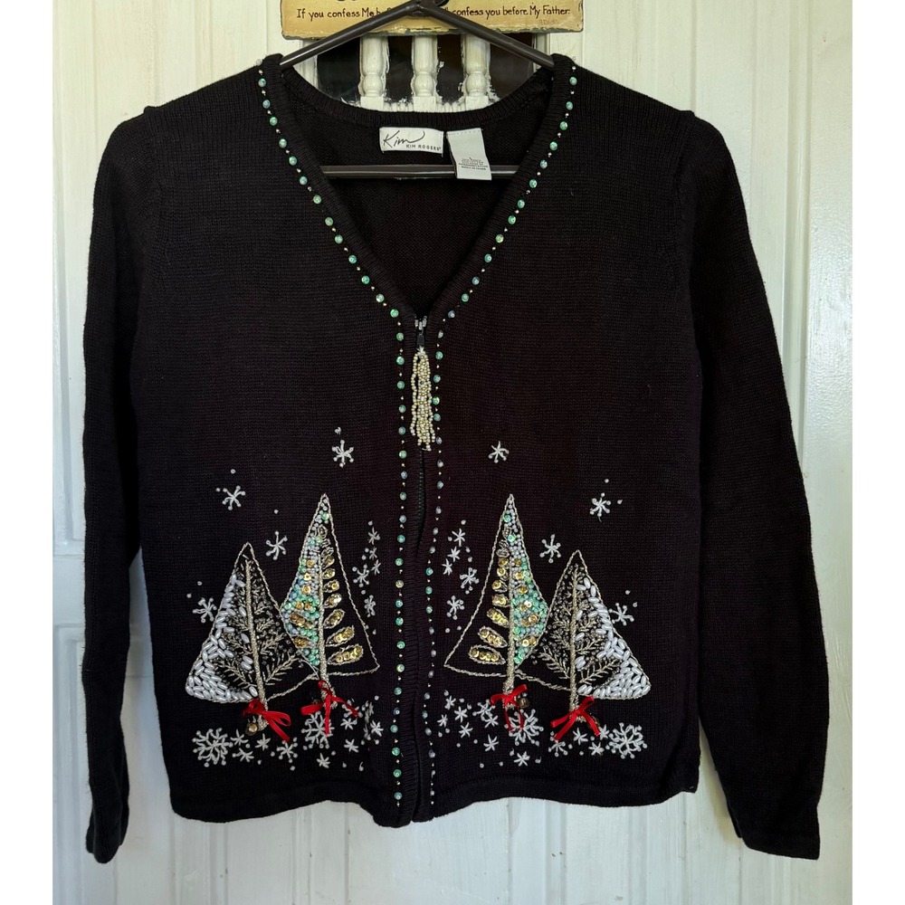 Kim Rogers Womens Black Christmas Tree Beaded Sequin Zip Front Cardigan Large